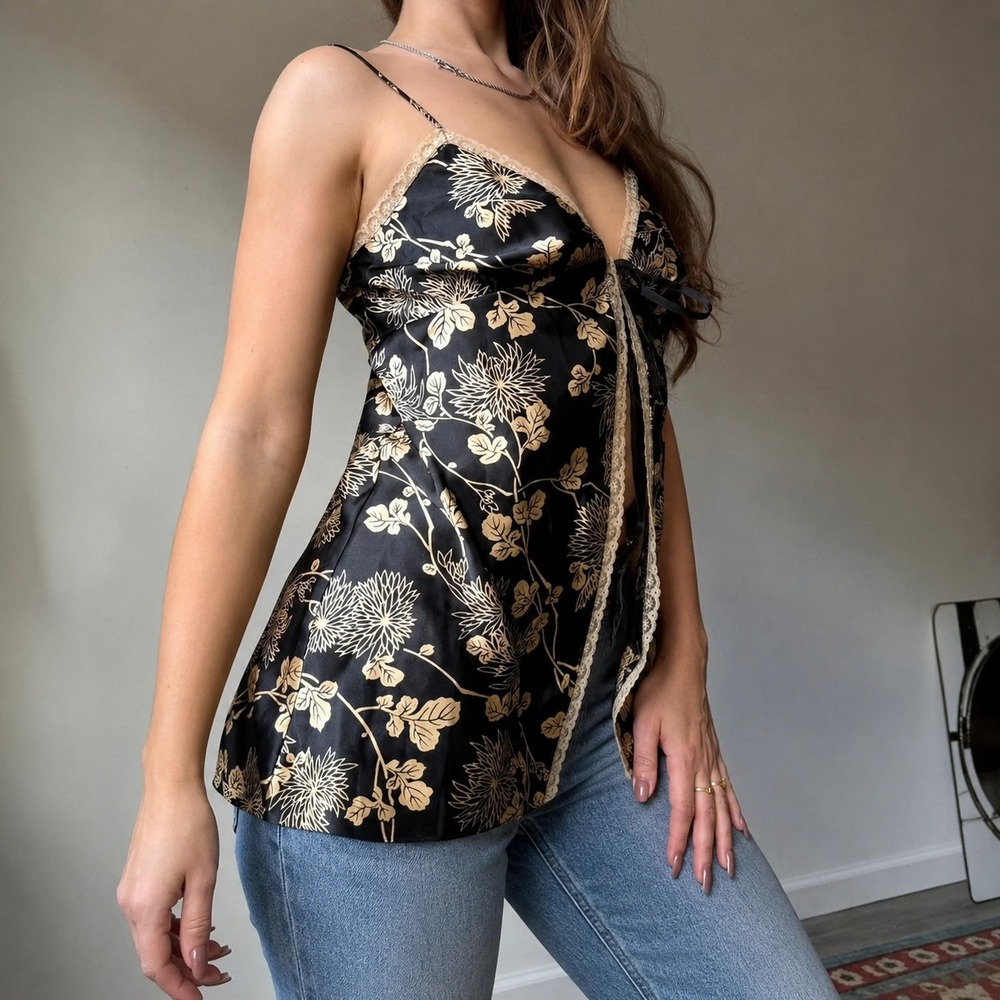 Victorias Secret Mini Slip Dress Open Tie Front Black Floral Satin Lace Sz S Y2K - Picture 3 of 11
